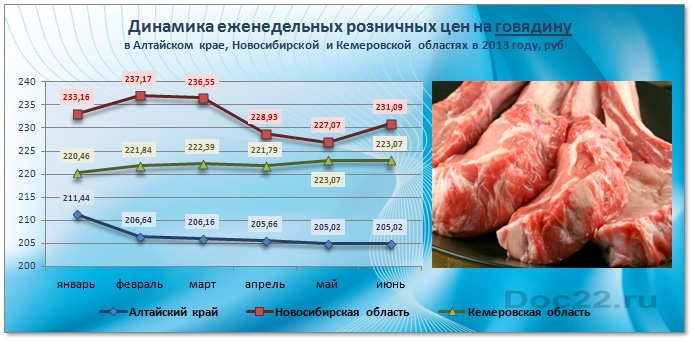 Doc22.ru   Динамика еженедельных розничных цен на говядину в Алтайском крае, Новосибирской и Кемеровской областях в 2013 году, руб 