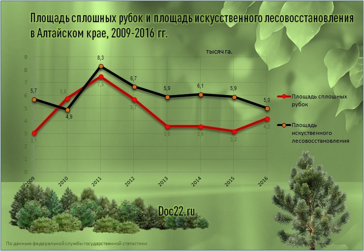 Doc22.ru Площадь сплошных рубок и площадь искусственного лесовосстановления  в Алтайском крае, 2009-2016 гг.